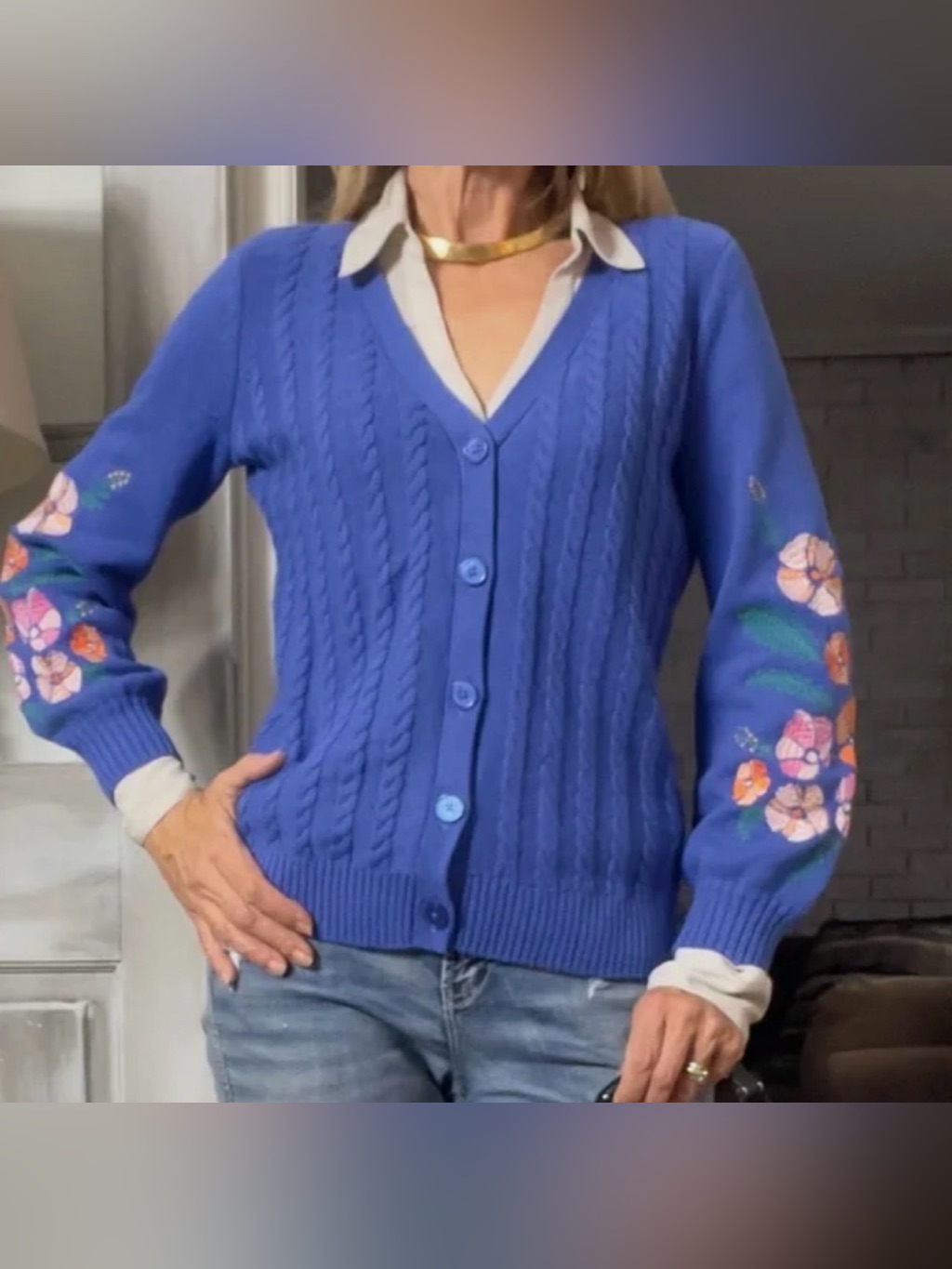 Talbots Cobalt Blue Cable-Knit Cardigan With Floral Sleeve Embroidery